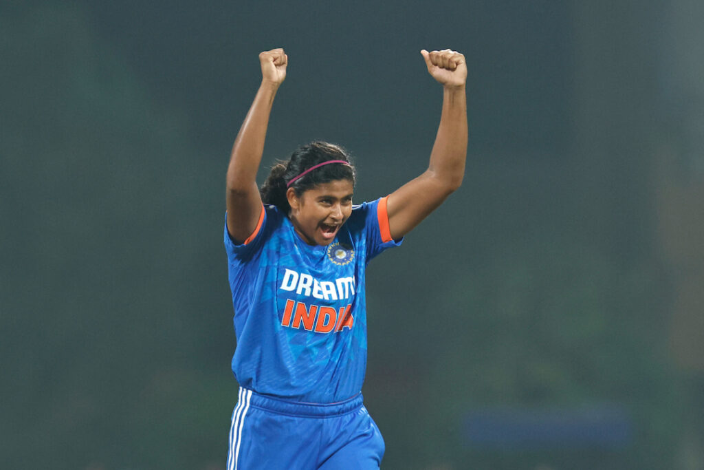 Titas Sadhu of India celebrates the wicket